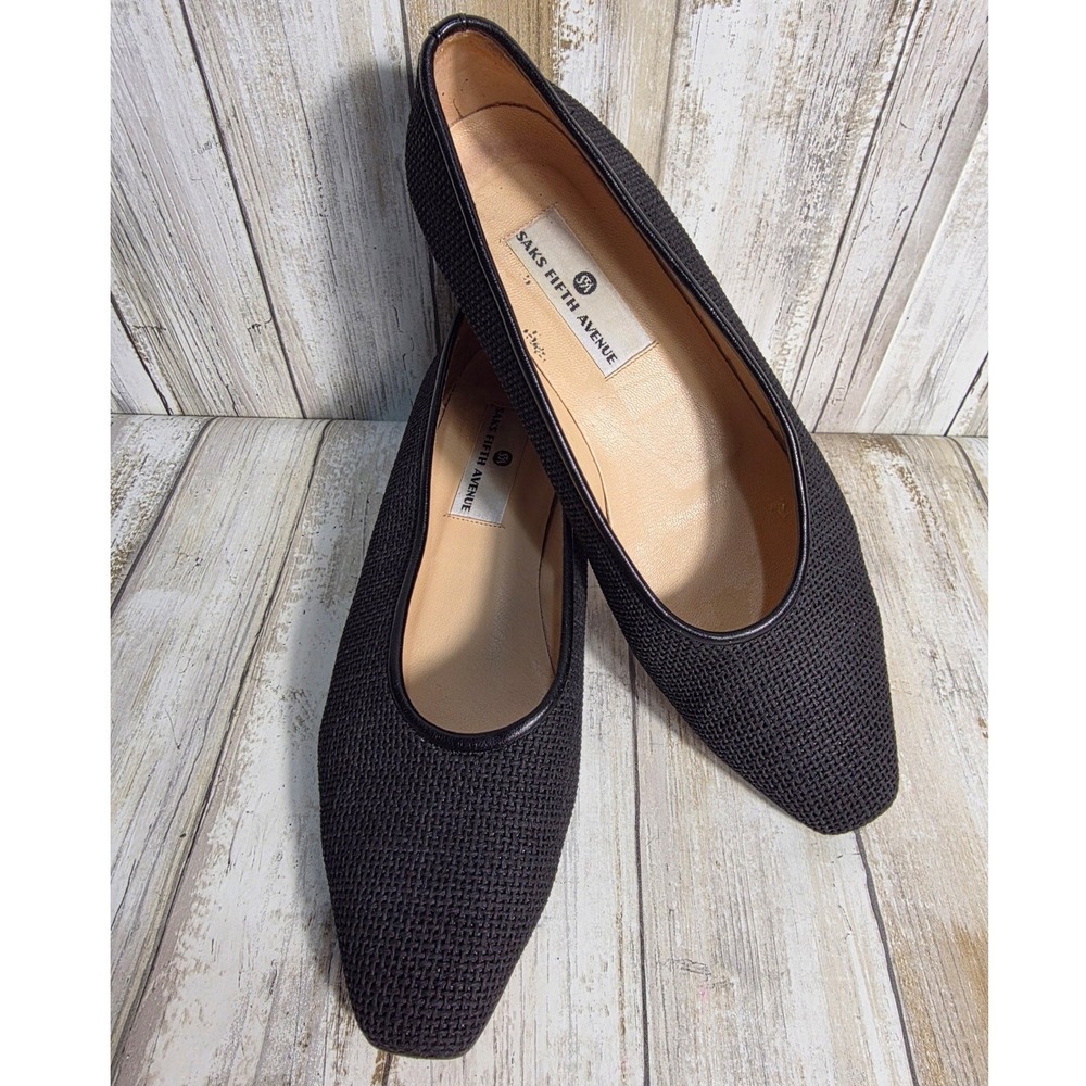 Saks Fifth Avenue Black Mesh Square Toe Low Block Heel Pumps Made in Italy - Picture 6 of 10